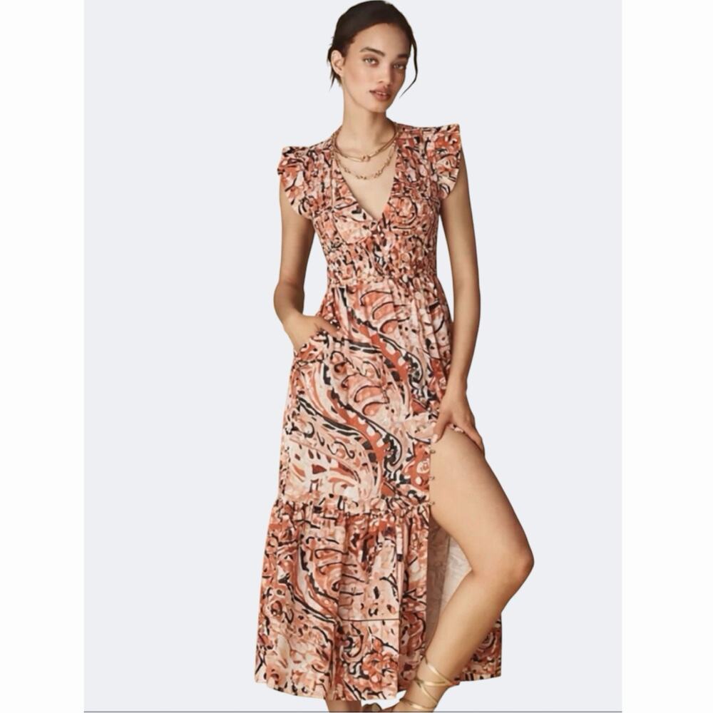 Anthropologie The Peregrine Midi Dress Sz Medium Boho Chic Smocked Ruffle Resort